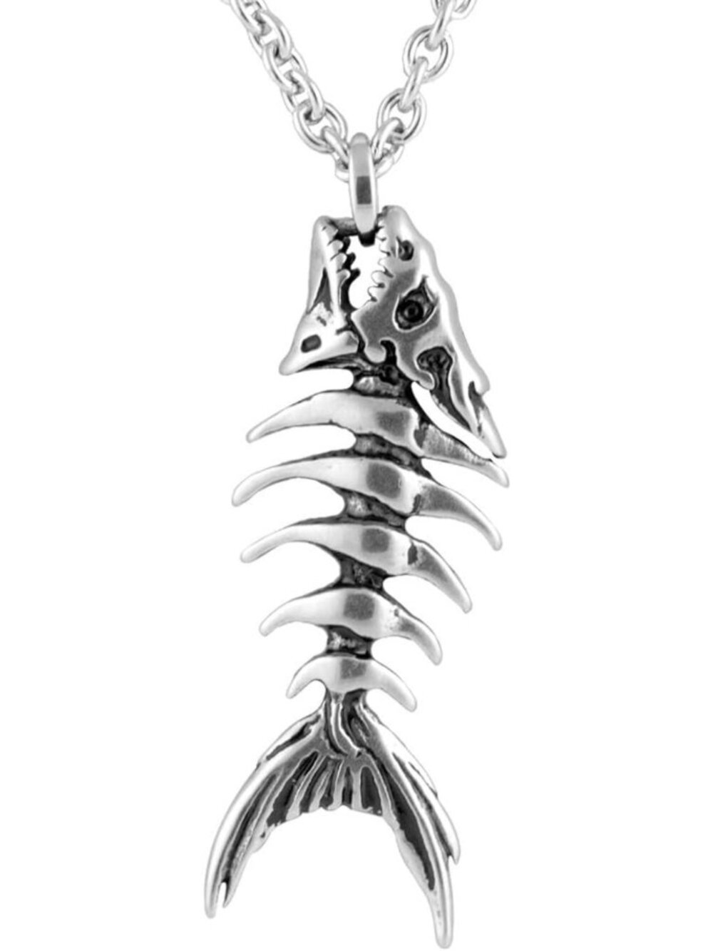 Silver-Toned Stainless Steel Fish Bones Pendant Necklace - Adjustable 17" to 19